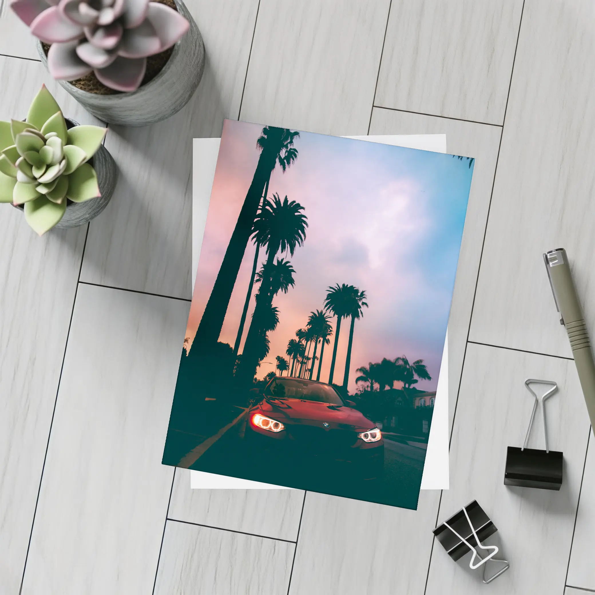 BMW Red Car Palm Trees Sunset Sky – Postcards