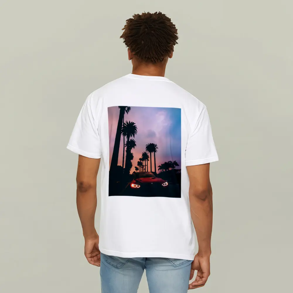 BMW Red Car Palm Trees Sunset Sky – T-Shirts