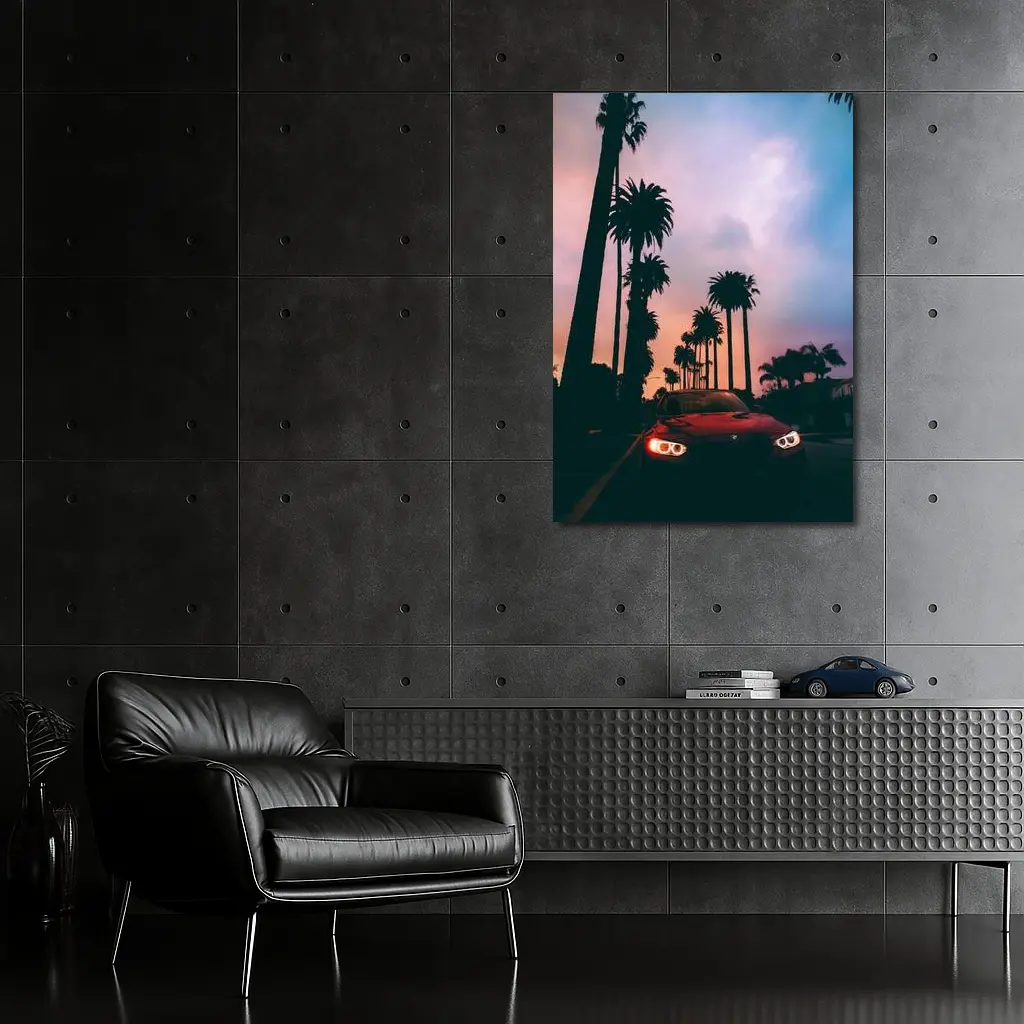 BMW Red Car Palm Trees Sunset Sky – Wall Art