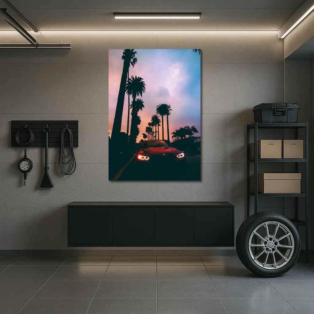 BMW Red Car Palm Trees Sunset Sky – Wall Art