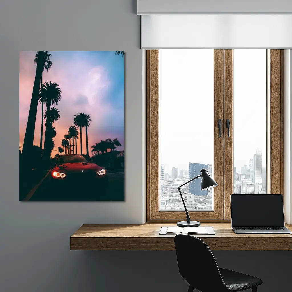 BMW Red Car Palm Trees Sunset Sky – Wall Art