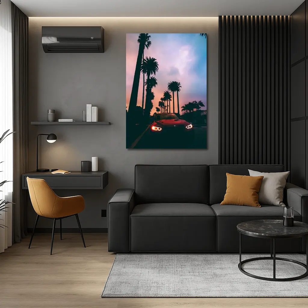BMW Red Car Palm Trees Sunset Sky – Wall Art