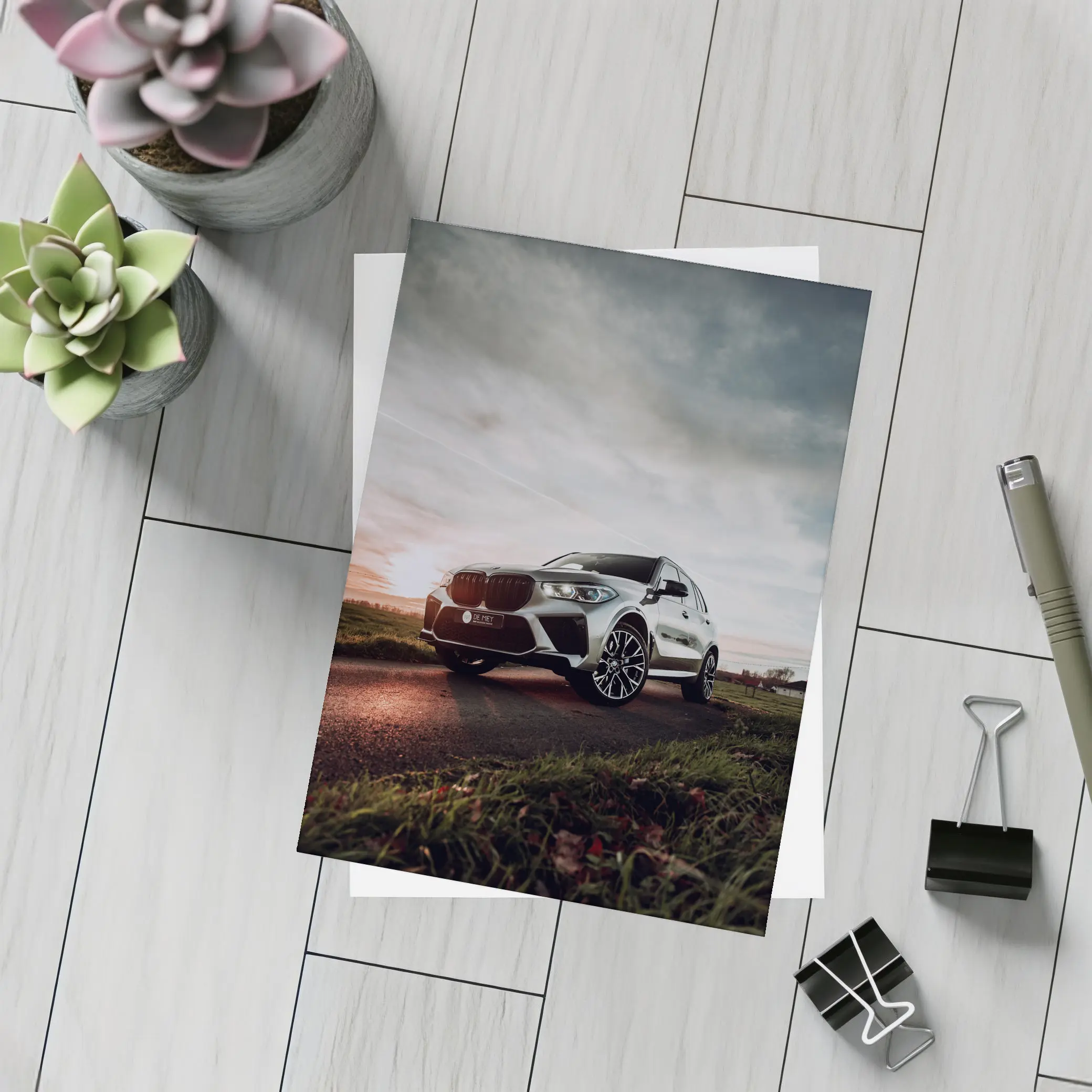 BMW X5M Silver SUV Dramatic Cloudy Sunset – Postcards