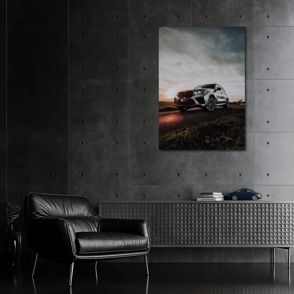 BMW X5M Silver SUV Dramatic Cloudy Sunset – Wall Art