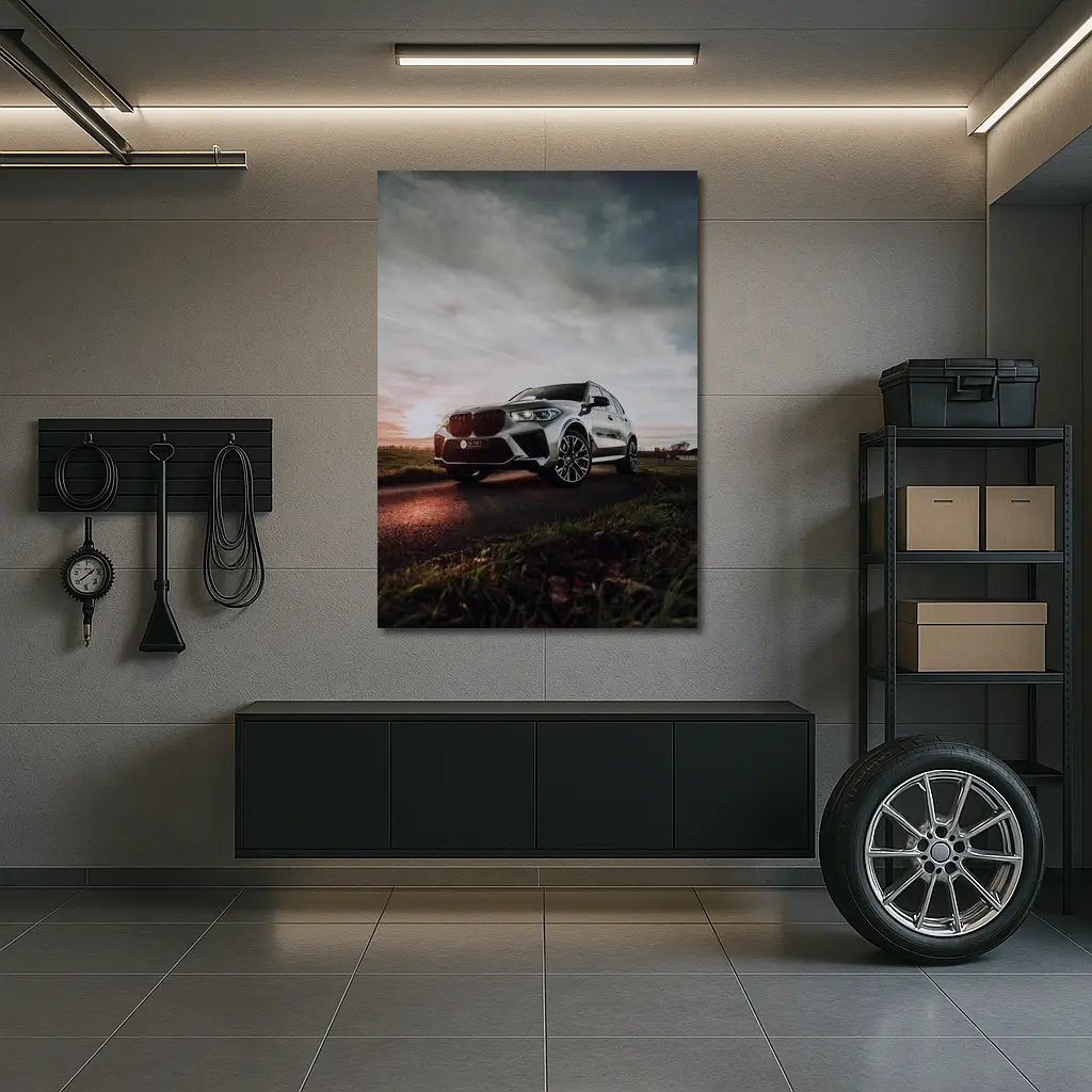BMW X5M Silver SUV Dramatic Cloudy Sunset – Wall Art