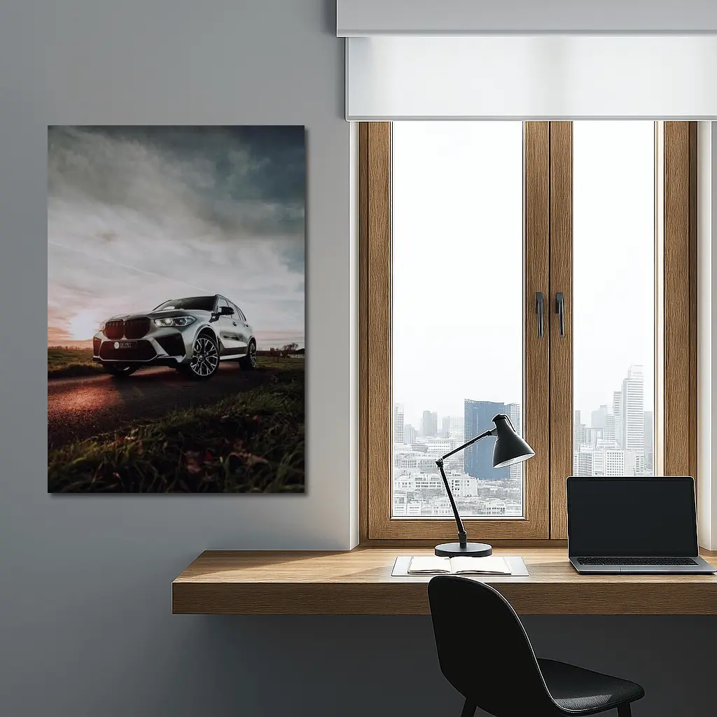 BMW X5M Silver SUV Dramatic Cloudy Sunset – Wall Art