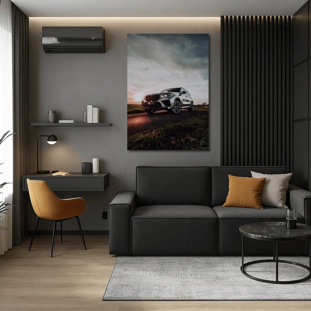 BMW X5M Silver SUV Dramatic Cloudy Sunset – Wall Art