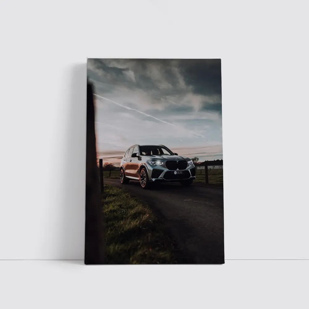 BMW X5M Silver SUV Rural Road Sunset – Wall Art