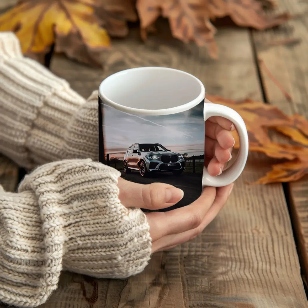 BMW X5M Silver SUV Rural Road Sunset – Mugs