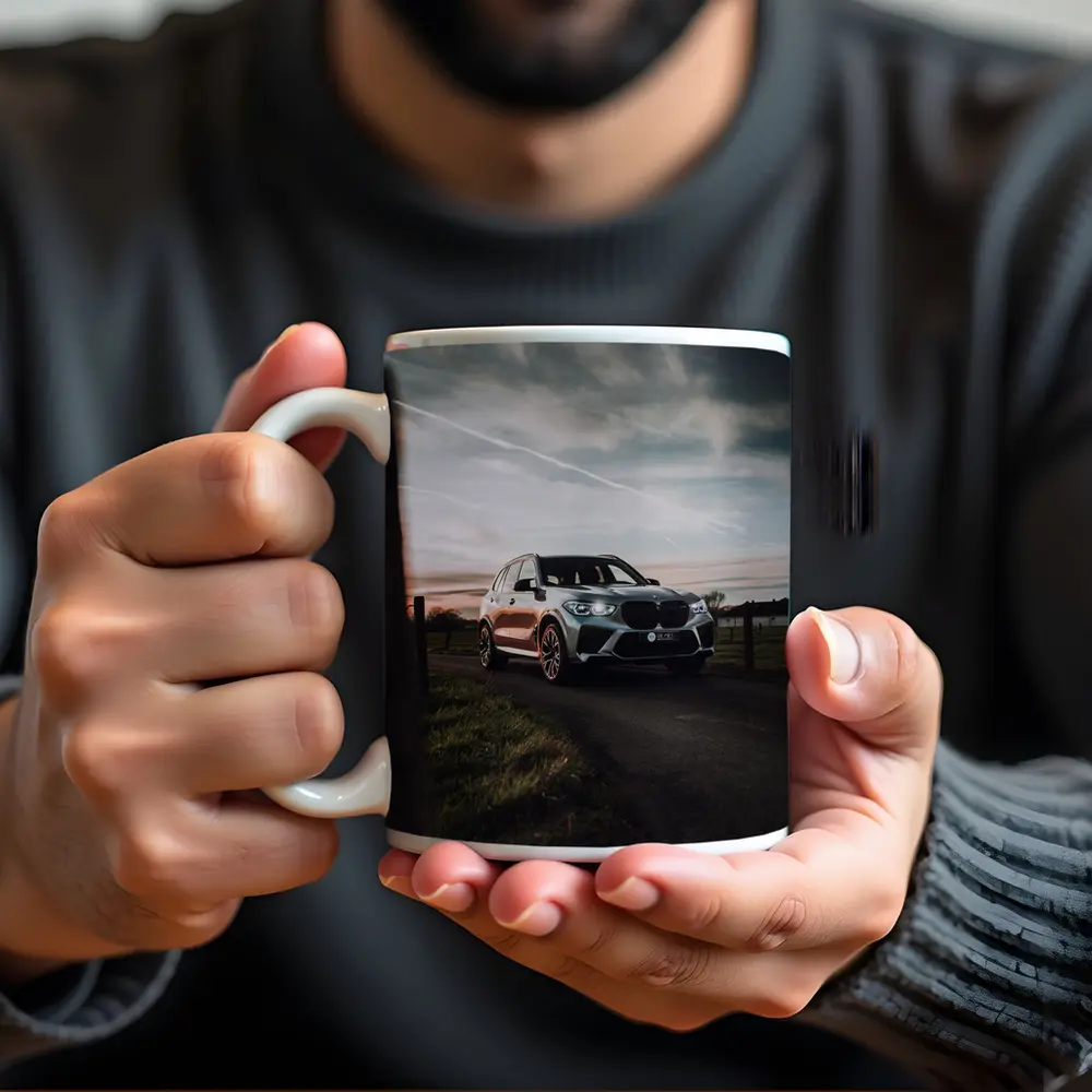 BMW X5M Silver SUV Rural Road Sunset – Mugs
