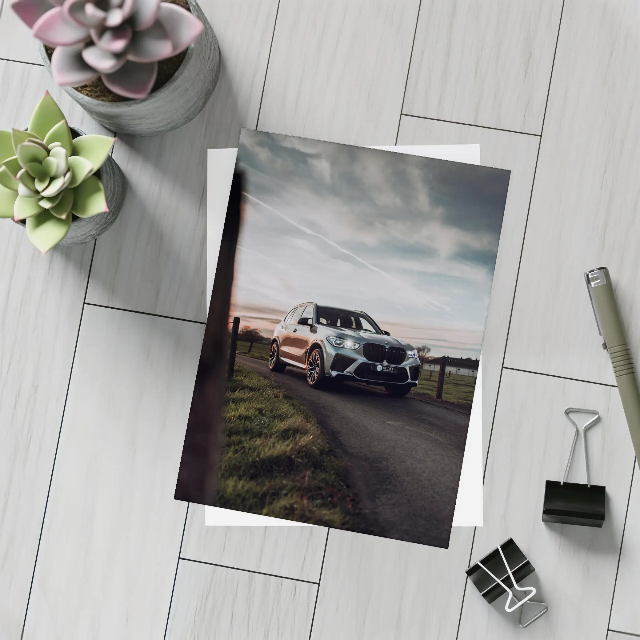 BMW X5M Silver SUV Rural Road Sunset – Postcards