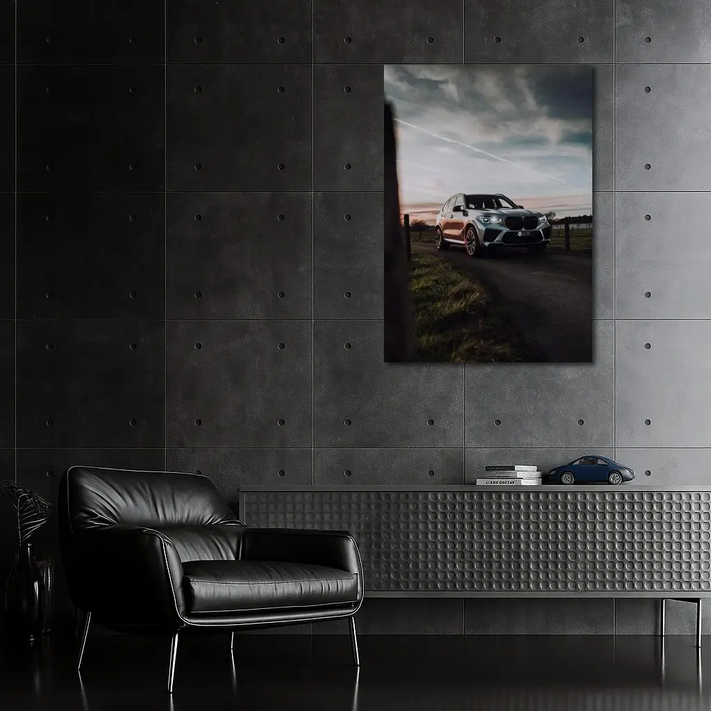 BMW X5M Silver SUV Rural Road Sunset – Wall Art