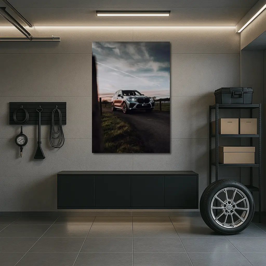 BMW X5M Silver SUV Rural Road Sunset – Wall Art