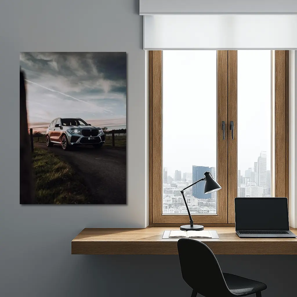 BMW X5M Silver SUV Rural Road Sunset – Wall Art