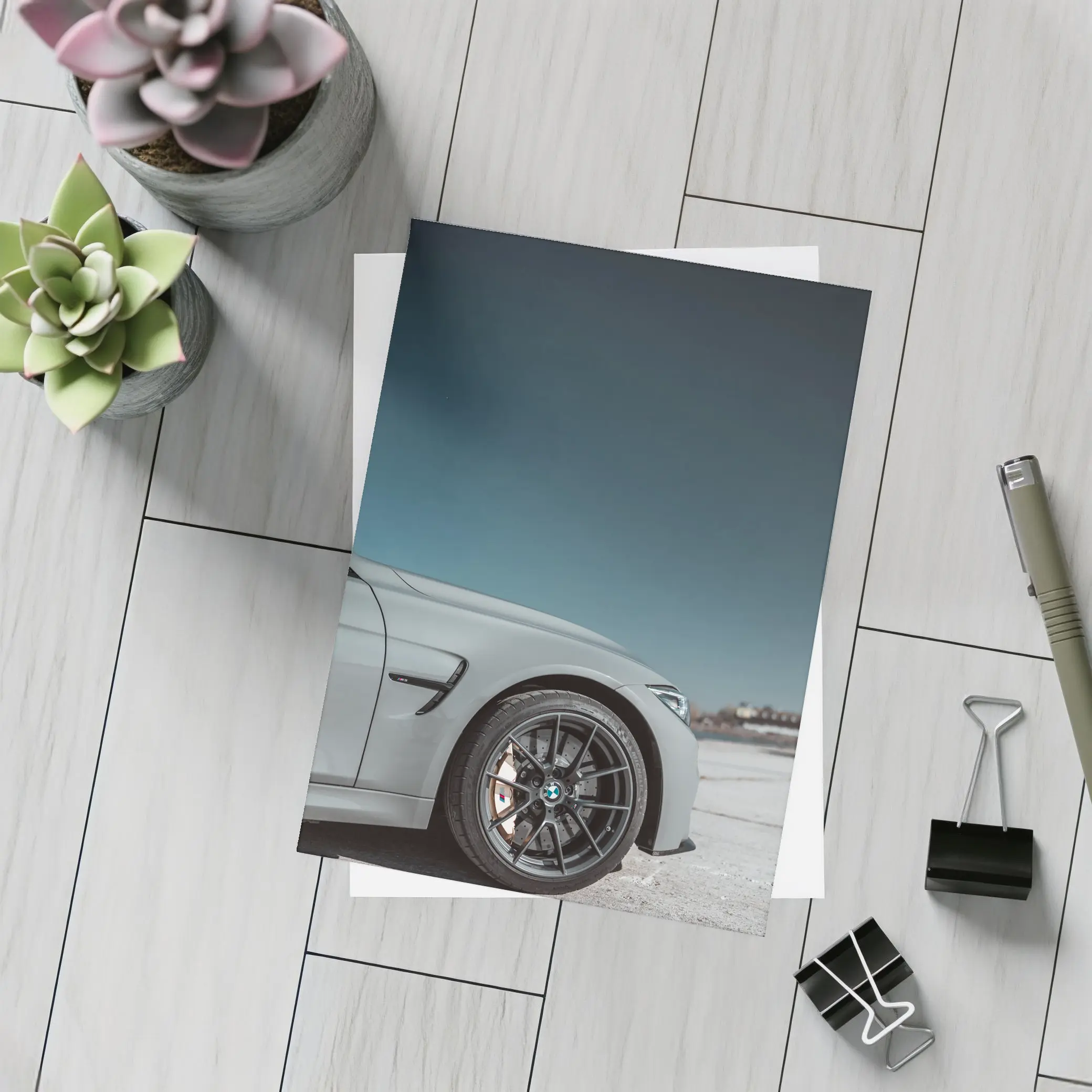 BMW M3 Gray Front Wheel Teal Sky – Postcards