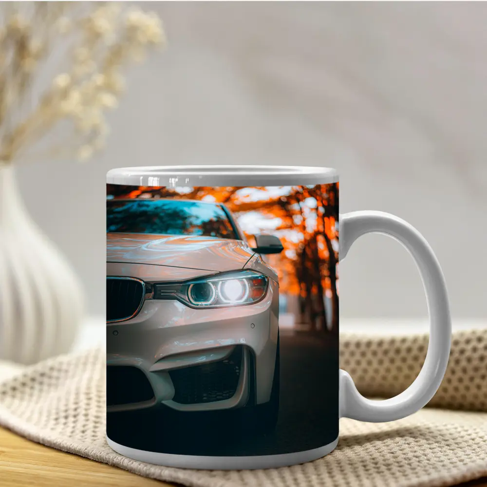 BMW M4 White Car Autumn Trees Background – Mugs