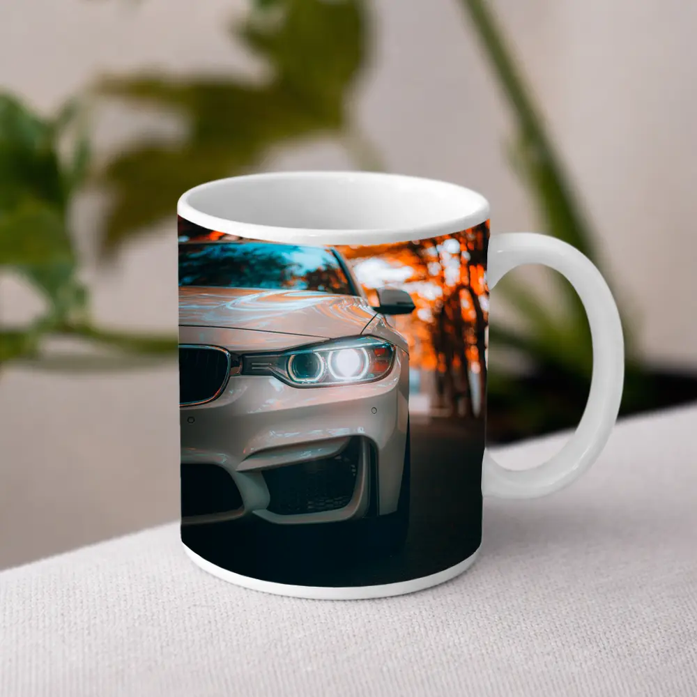 BMW M4 White Car Autumn Trees Background – Mugs