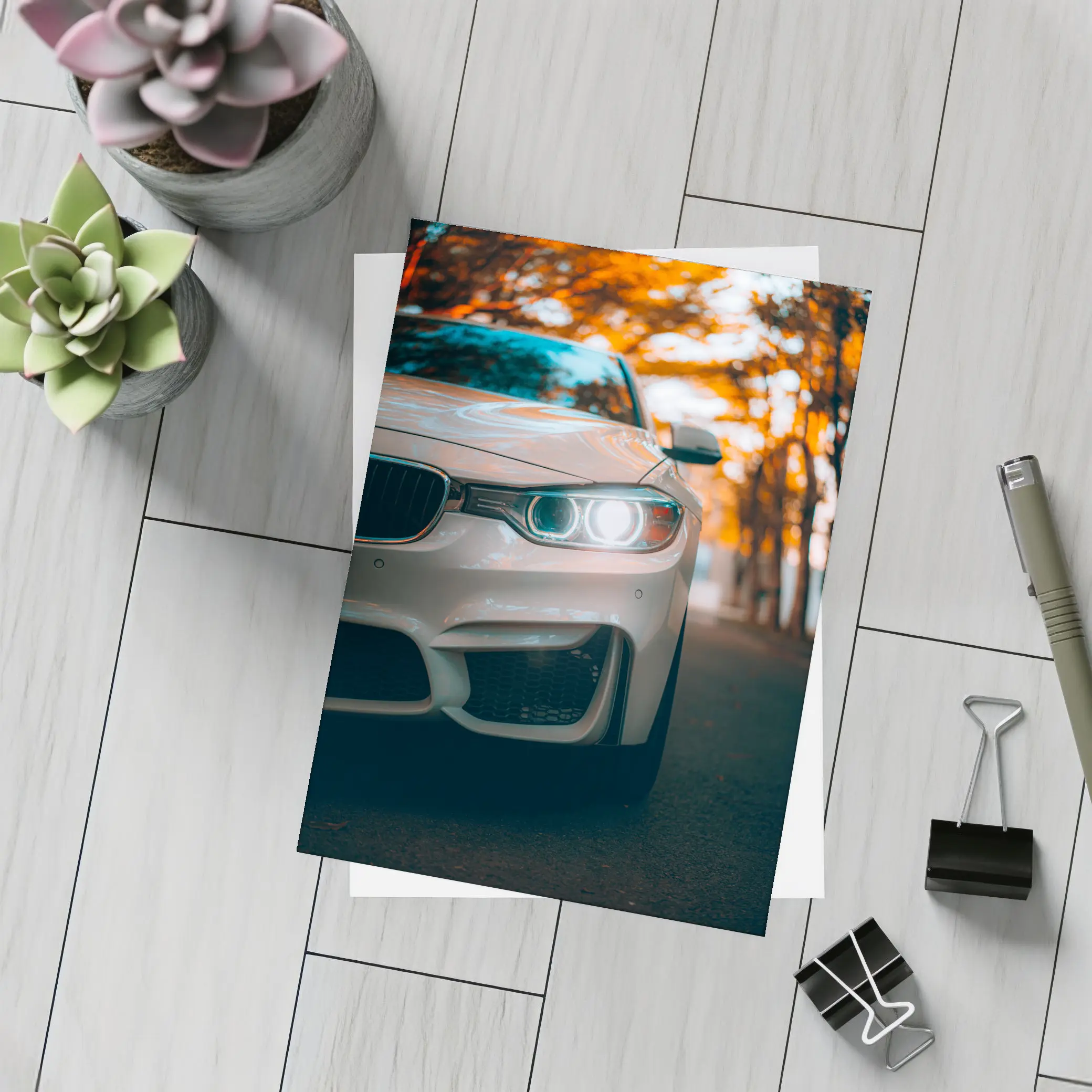 BMW M4 White Car Autumn Trees Background – Postcards