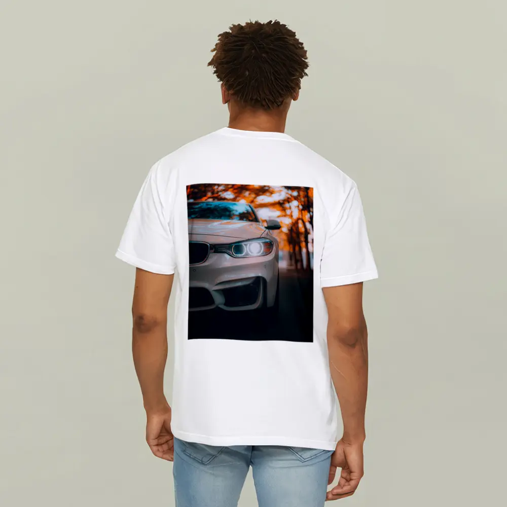 BMW M4 White Car Autumn Trees Background – T-Shirts