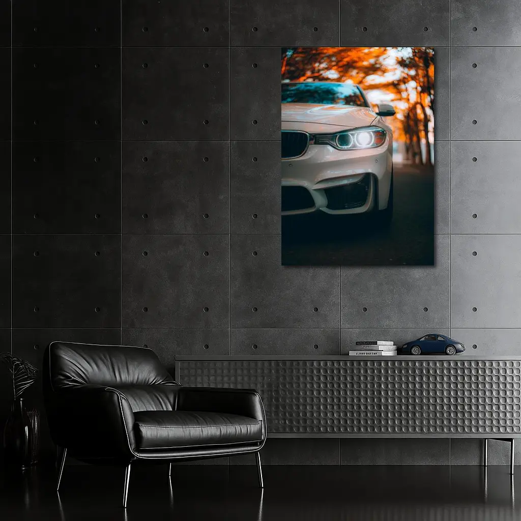 BMW M4 White Car Autumn Trees Background – Wall Art