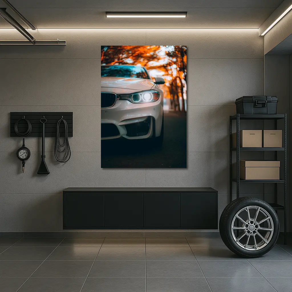 BMW M4 White Car Autumn Trees Background – Wall Art