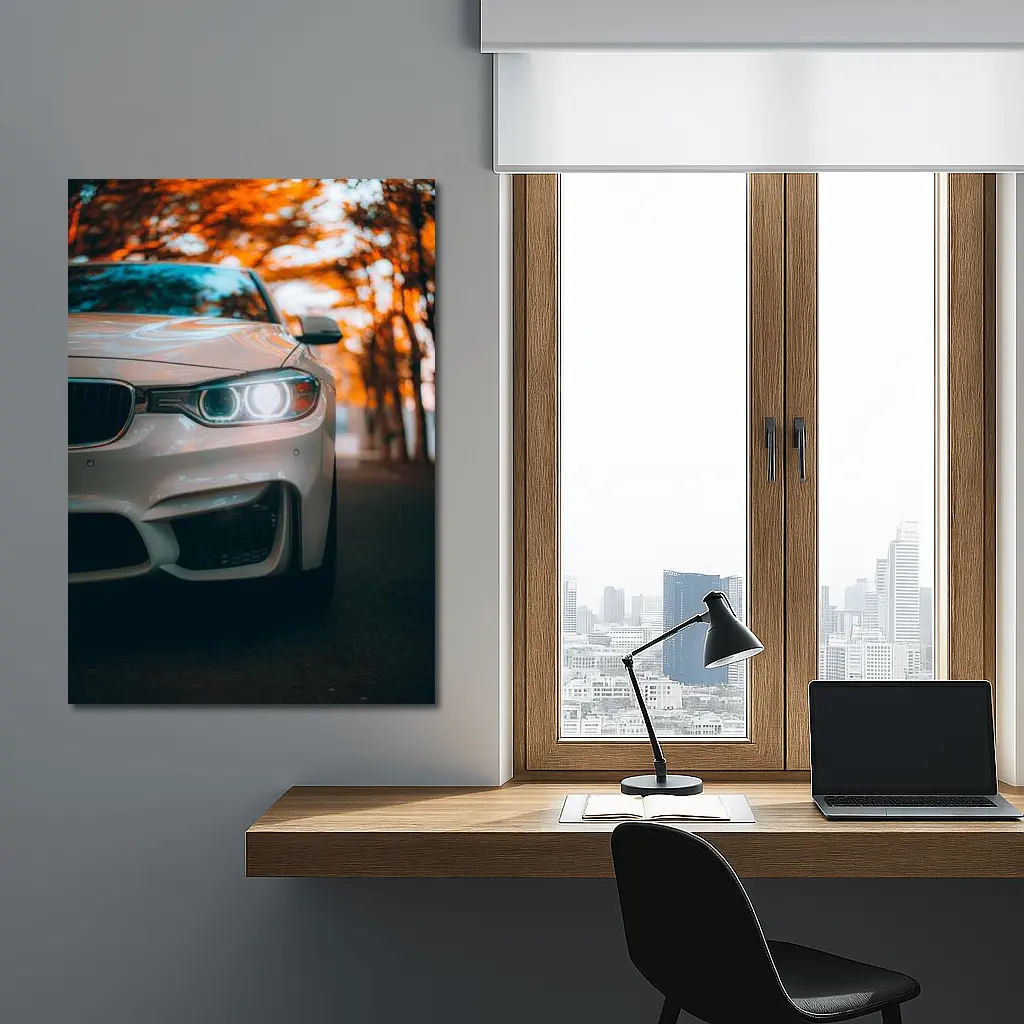 BMW M4 White Car Autumn Trees Background – Wall Art
