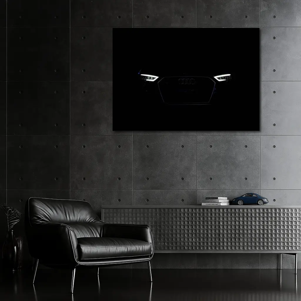 Audi Front Grille Glowing Headlights Dark Background – Wall Art