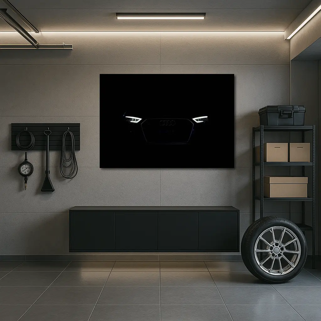 Audi Front Grille Glowing Headlights Dark Background – Wall Art