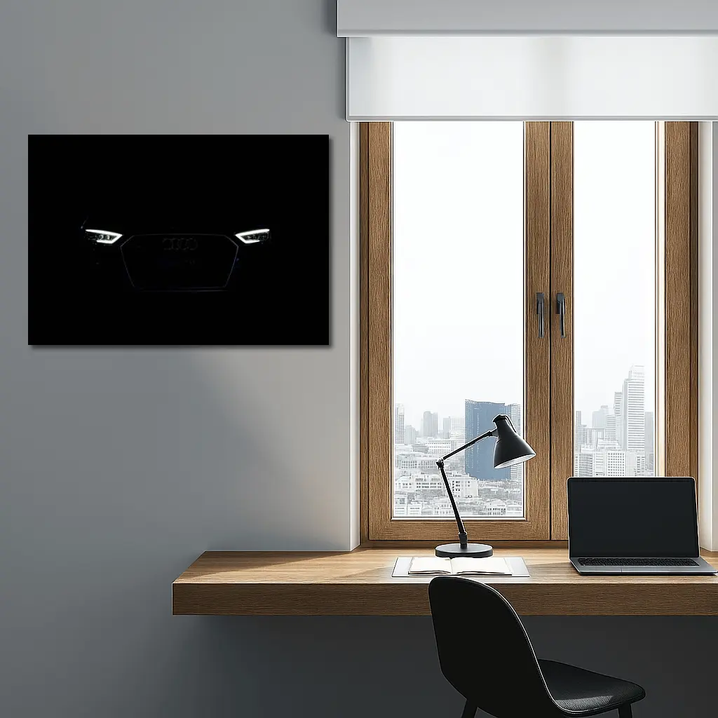 Audi Front Grille Glowing Headlights Dark Background – Wall Art