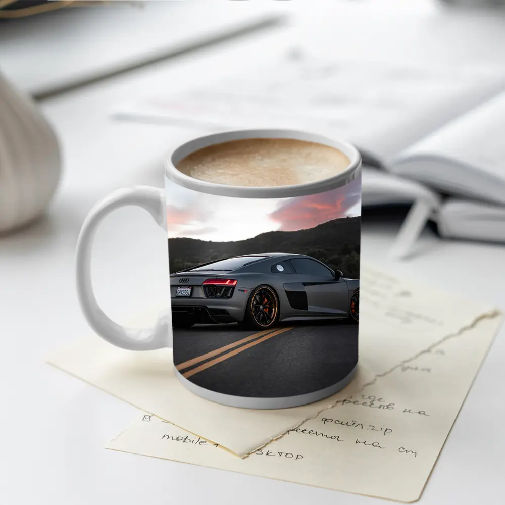 Audi R8 Gray Supercar Mountain Sunset Road – Mugs