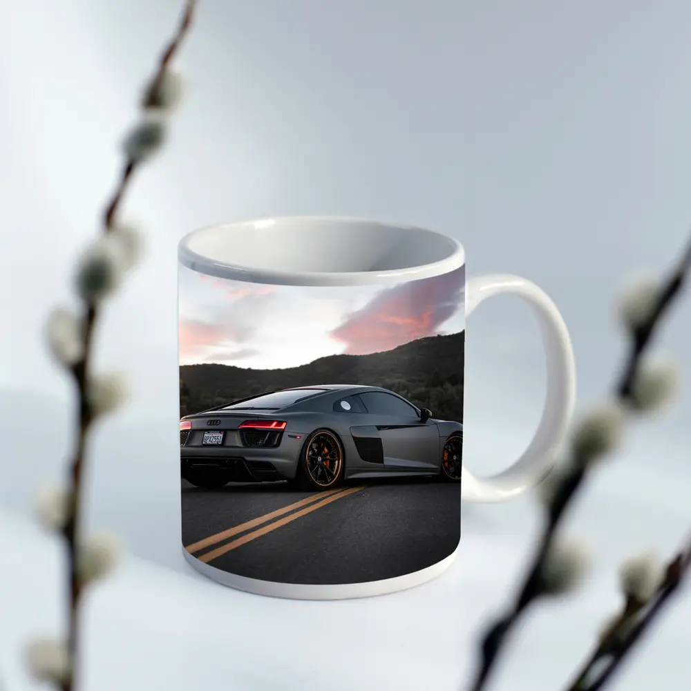 Audi R8 Gray Supercar Mountain Sunset Road – Mugs