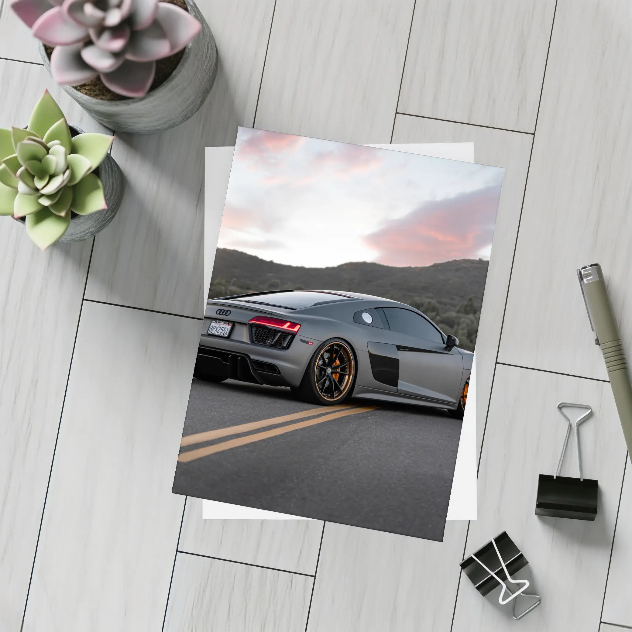 Audi R8 Gray Supercar Mountain Sunset Road – Postcards