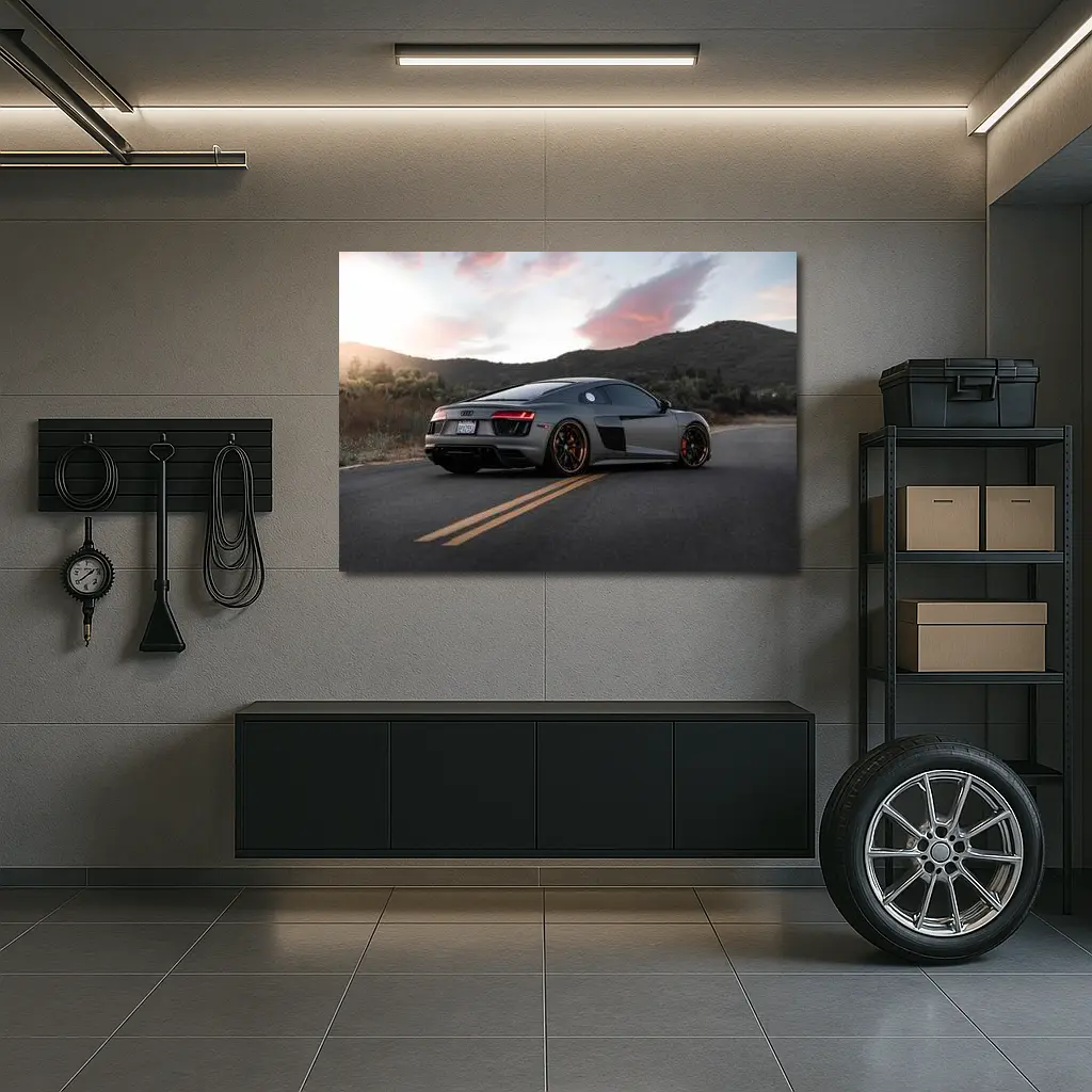 Audi R8 Gray Supercar Mountain Sunset Road – Wall Art