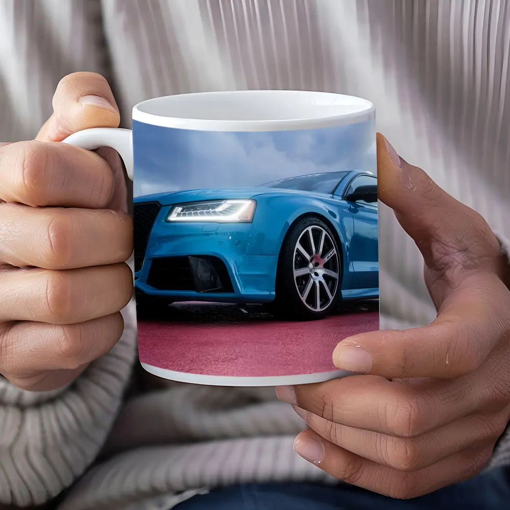 Audi RS Blue Sedan Dramatic Sky Background – Mugs