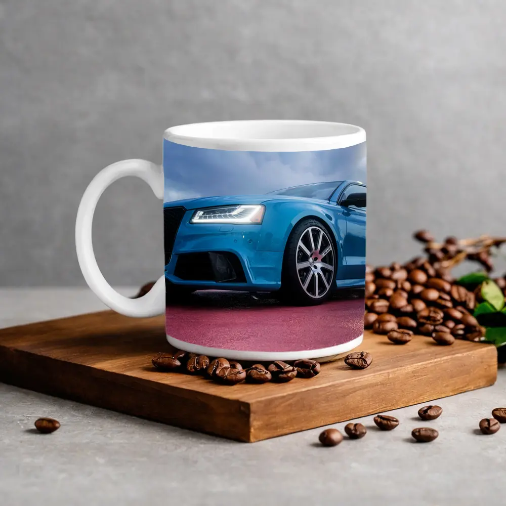Audi RS Blue Sedan Dramatic Sky Background – Mugs