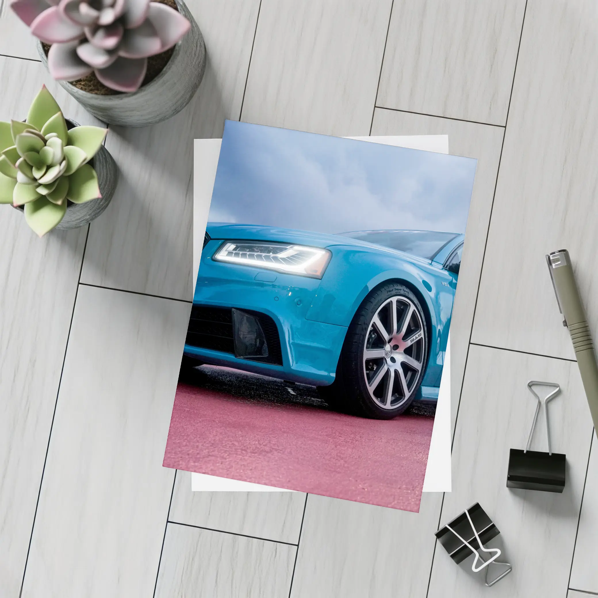 Audi RS Blue Sedan Dramatic Sky Background – Postcards