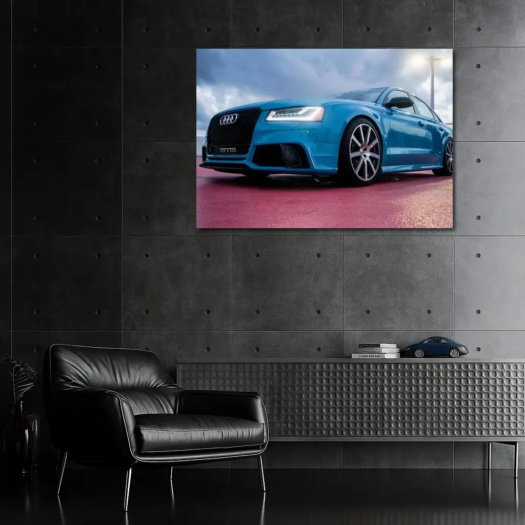 Audi RS Blue Sedan Dramatic Sky Background – Wall Art
