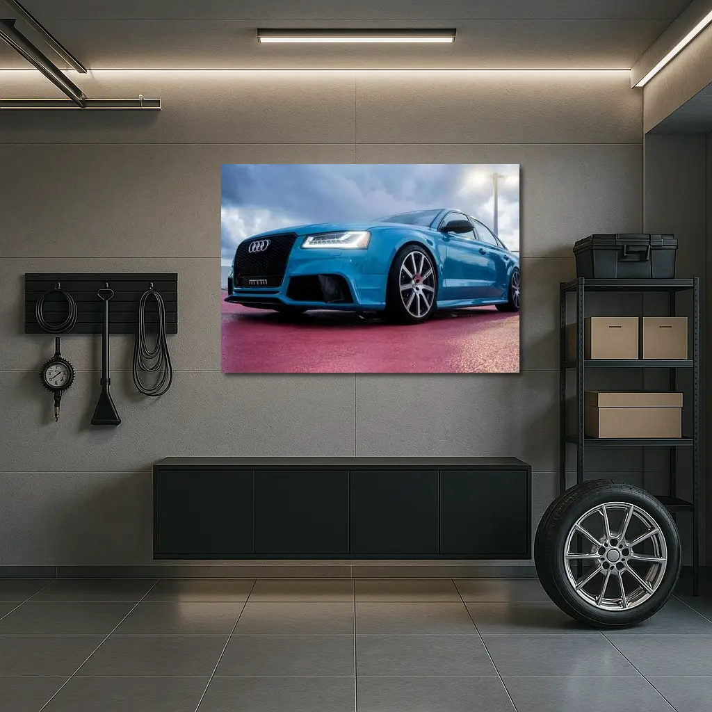 Audi RS Blue Sedan Dramatic Sky Background – Wall Art