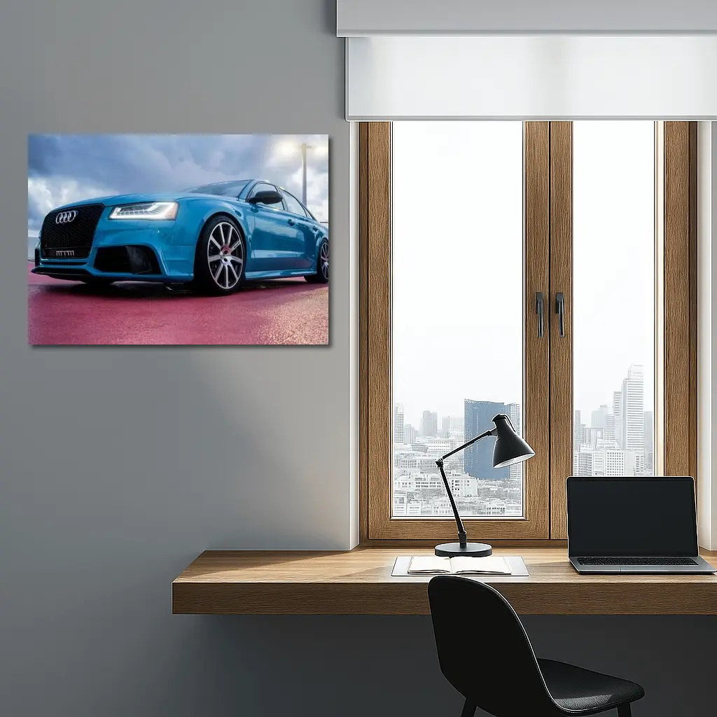 Audi RS Blue Sedan Dramatic Sky Background – Wall Art