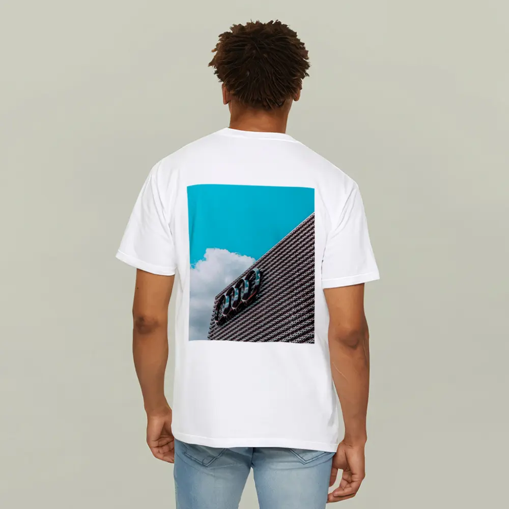Audi Logo on Building Against Blue Sky – T-Shirts