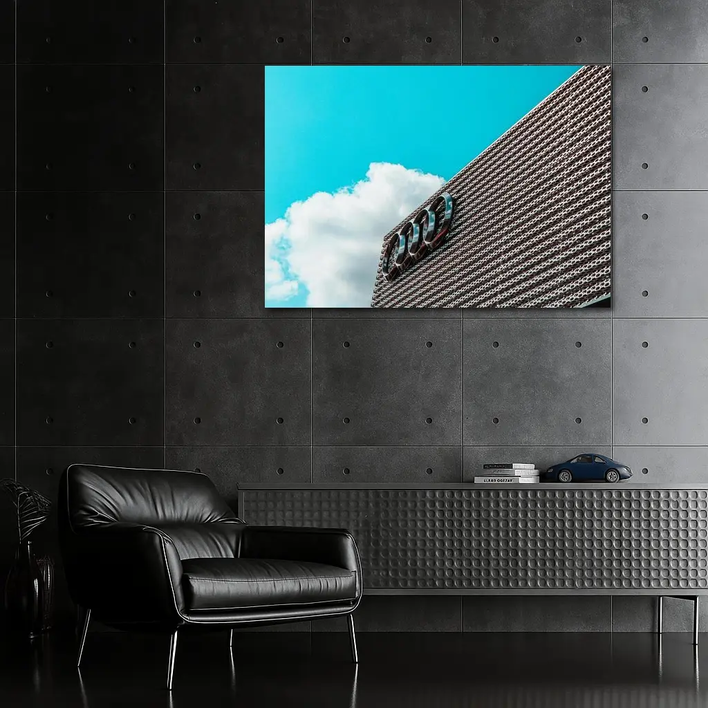 Audi Logo on Building Against Blue Sky – Wall Art