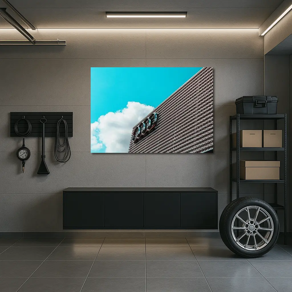 Audi Logo on Building Against Blue Sky – Wall Art