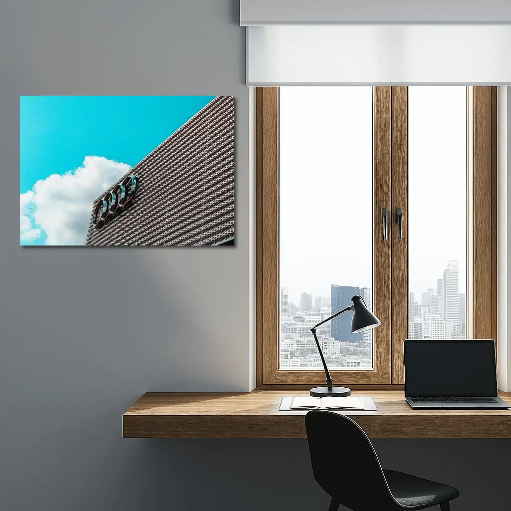 Audi Logo on Building Against Blue Sky – Wall Art