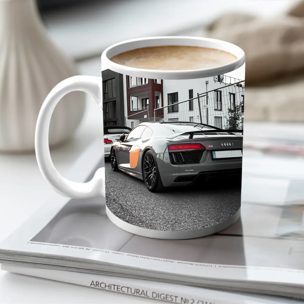 Audi R8 Gray Supercar Parked Urban Setting – Mugs