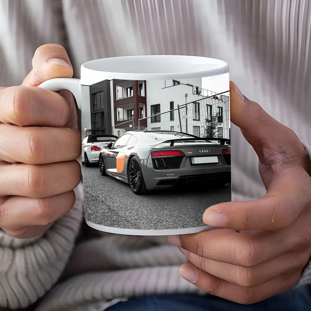 Audi R8 Gray Supercar Parked Urban Setting – Mugs