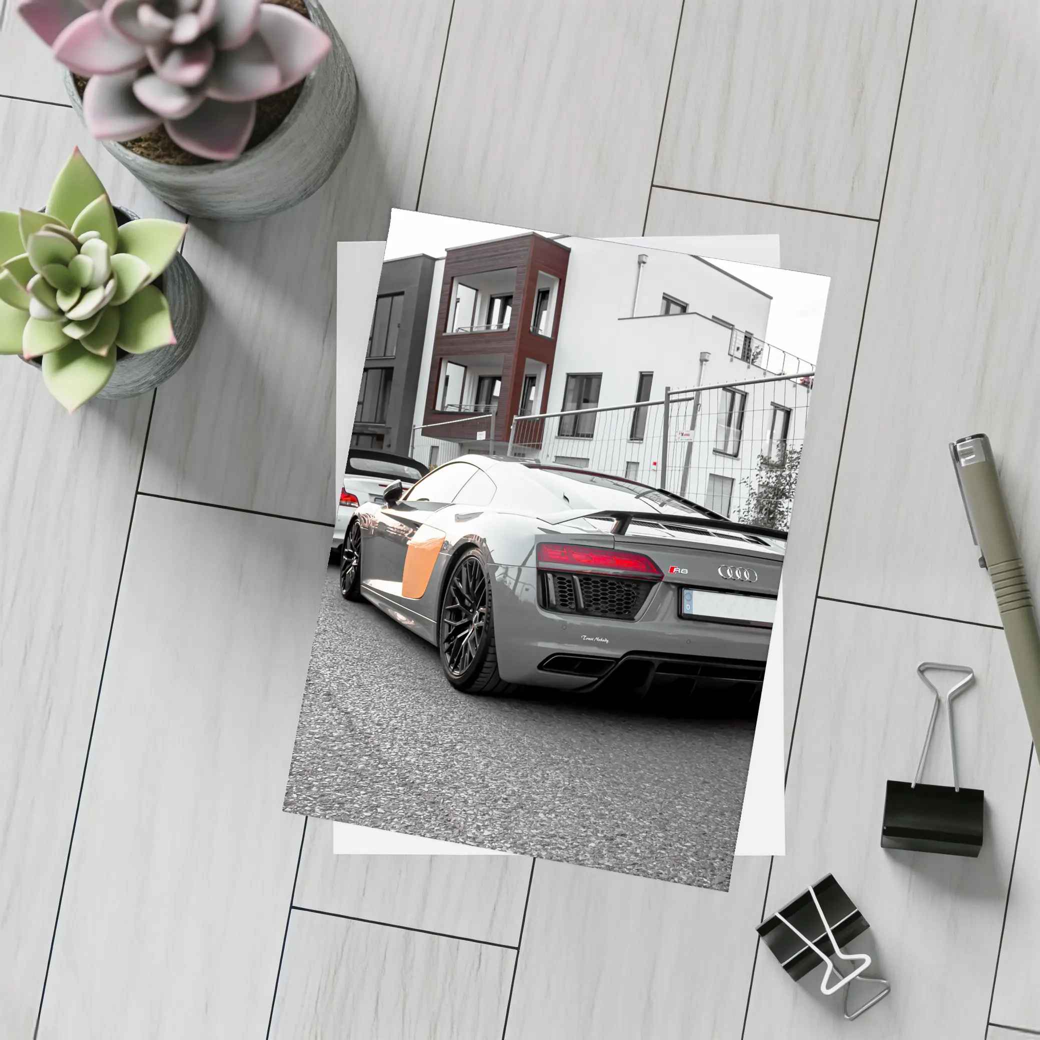 Audi R8 Gray Supercar Parked Urban Setting – Postcards