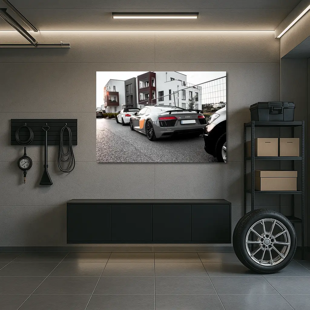 Audi R8 Gray Supercar Parked Urban Setting – Wall Art