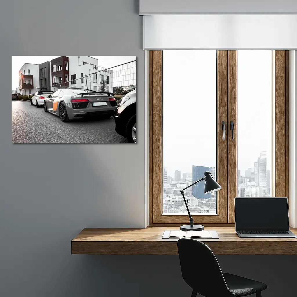 Audi R8 Gray Supercar Parked Urban Setting – Wall Art