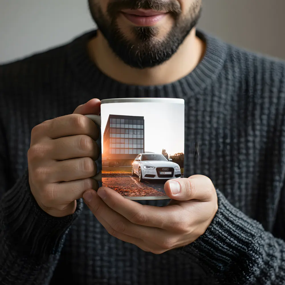 Audi A6 White Sedan Golden Hour Light – Mugs