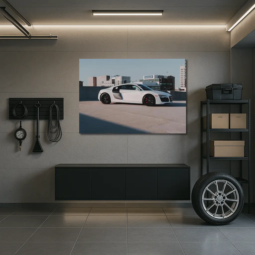 White Audi R8 on City Rooftop – Wall Art